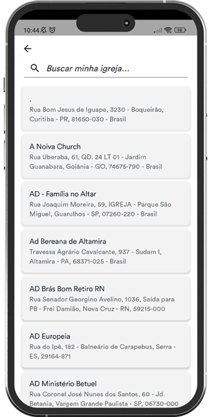 Lista com as igrejas que utilizam o App da Igreja