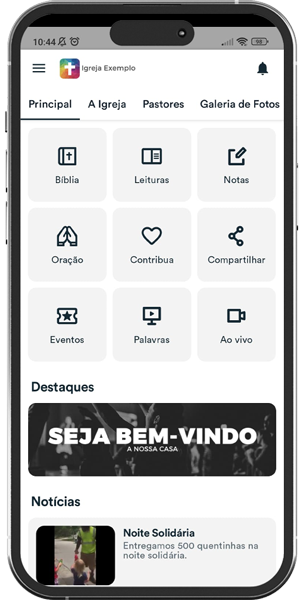 Home do App da Igreja com as funcionalidades, basta procurar a sua e entrar para aproveitar os conteúdos.